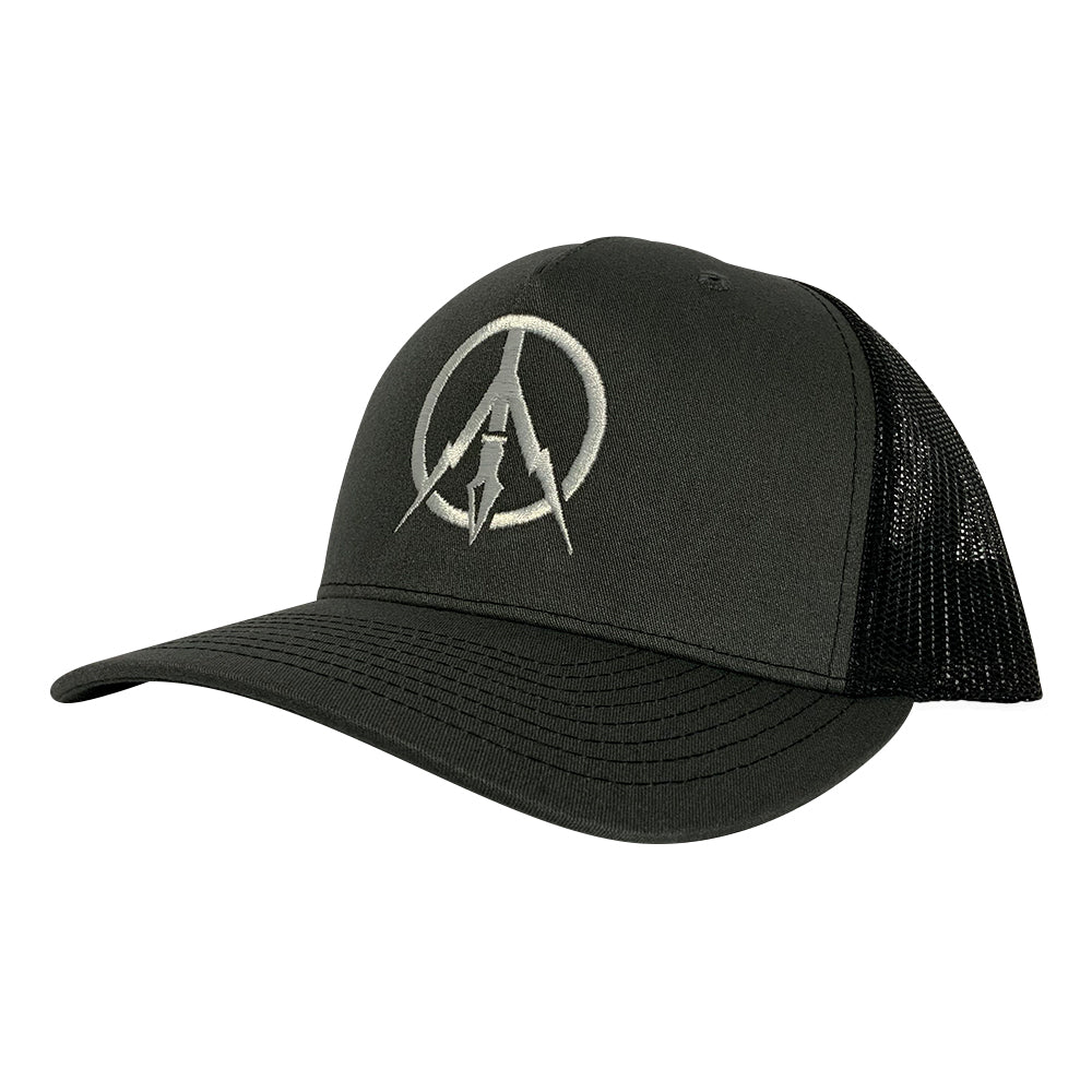 black and gray trucker hat with icon