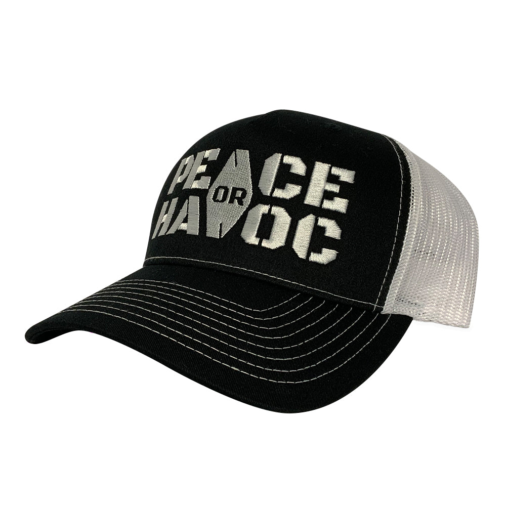 black and white trucker hat with peace or havoc logo