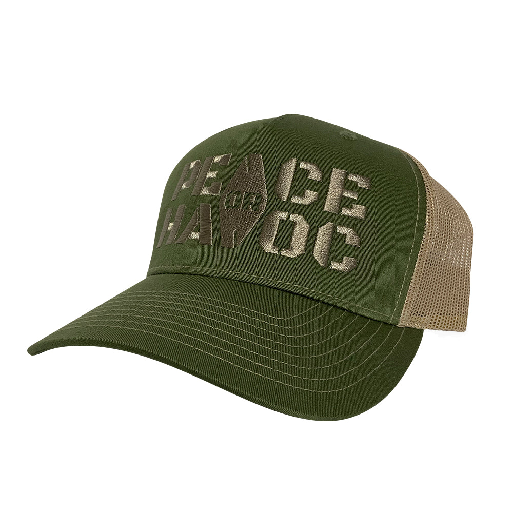 green and tan trucker hat with peace or havoc logo