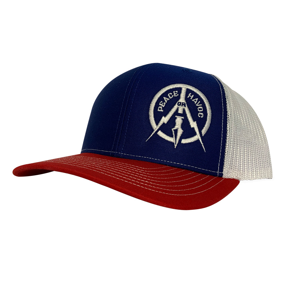 red white and blue trucker hat with logo